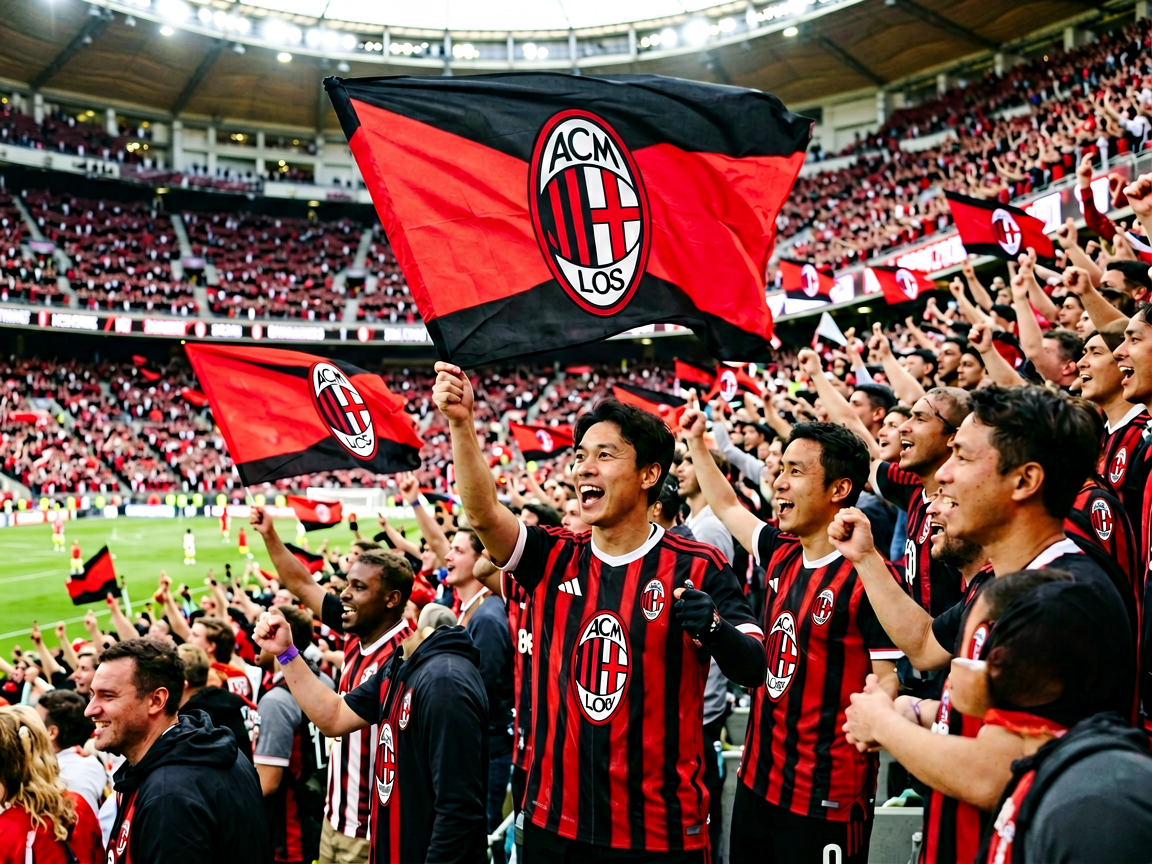 圣西罗球场内AC米兰球迷营造的热烈观赛氛围，红黑旗帜飘扬
